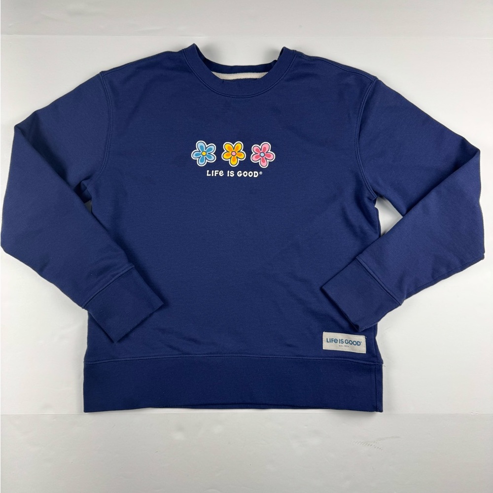 Life Is Good Navy Blue Crewneck Sweatshirt with Colorful Flower Graphics